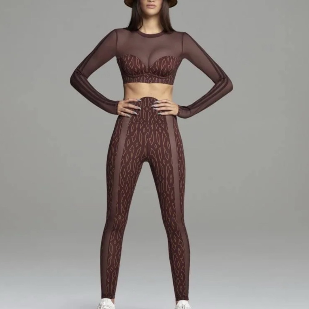 Adidas x Ivy Park Beyonce Monogram Mesh Sheer Long Sleeve Crop Top Burgundy HB84